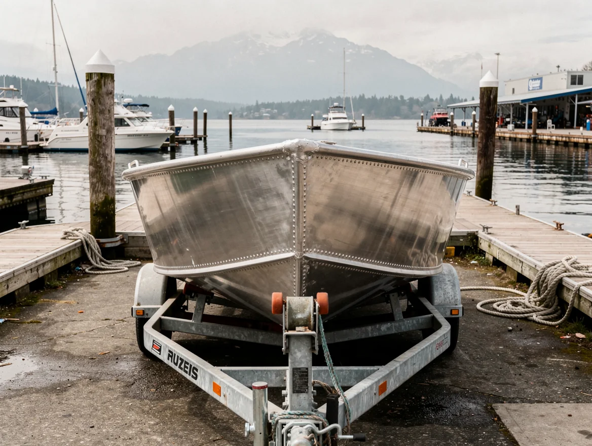 Stripped aluminum boat hull at a Steveston marina by Vancouver Pro Sandblasting