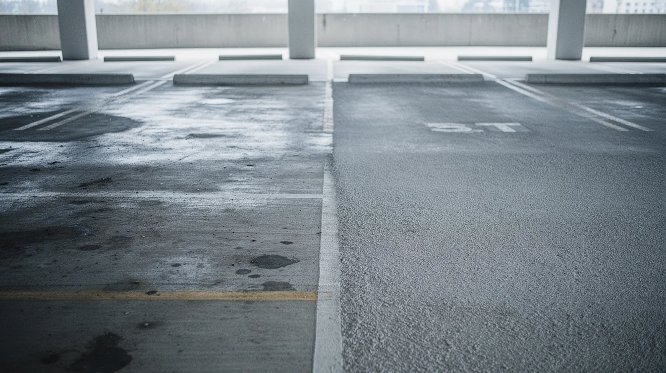 Concrete cleaning blasting coatings off a garage deck by Vancouver Pro Sandblasting