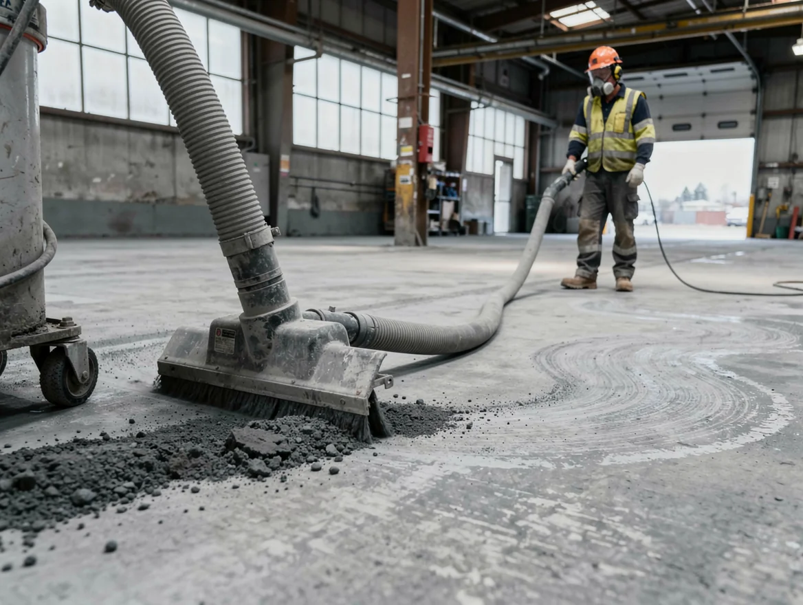 Vacuuming media off a cleaned concrete floor